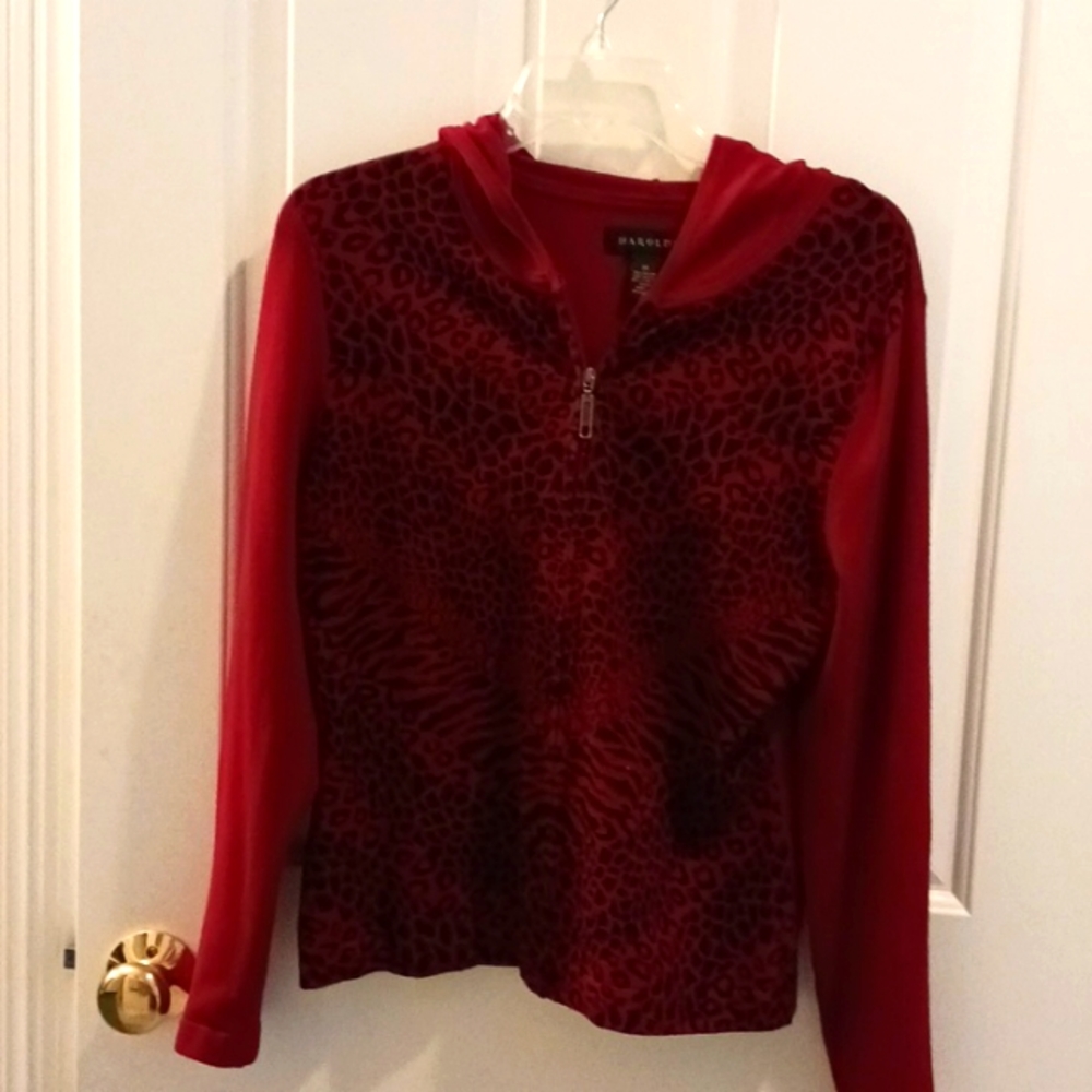 Red leopard print zip-up hoodie.